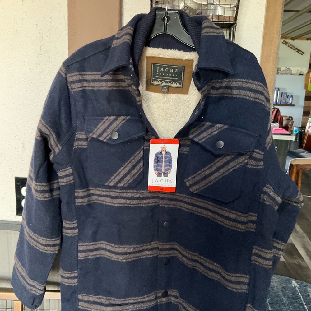 Jachs Navy and Tan Striped Sherpa Shirt Jacket